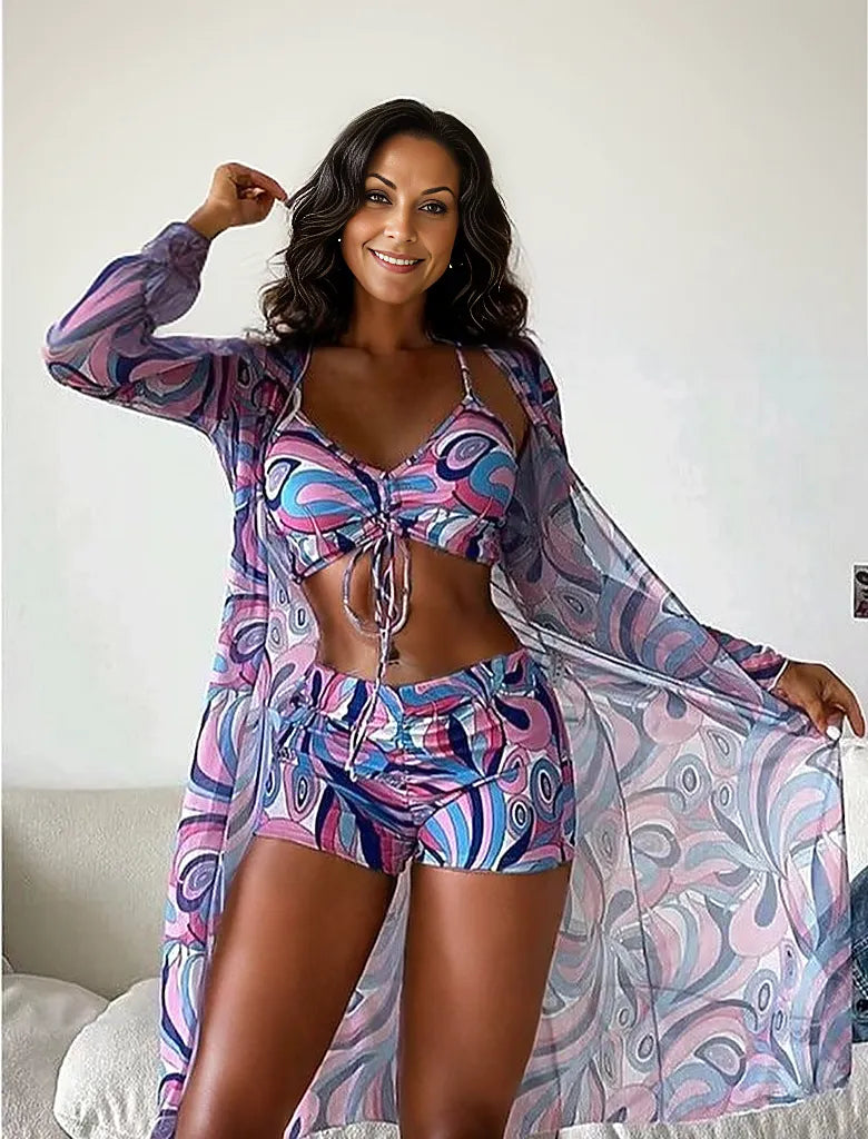Bademode Set Damen dreiteilig in Lila mit Cover-Up Muster