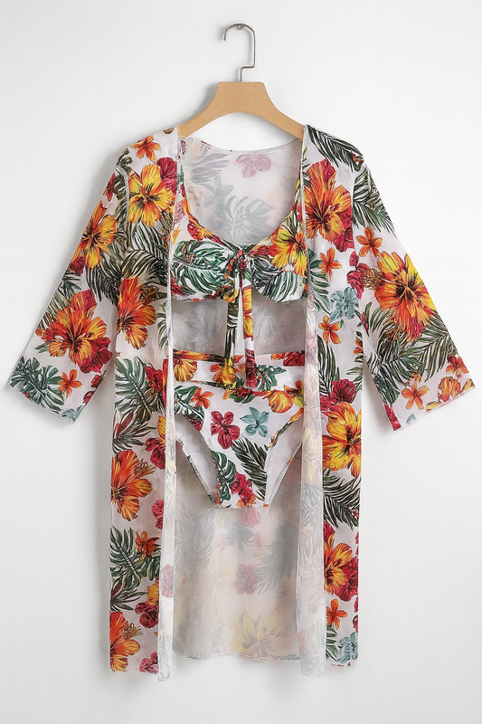 Bademode Damen Bikini Set mit Blumenprint und leichter Tunika