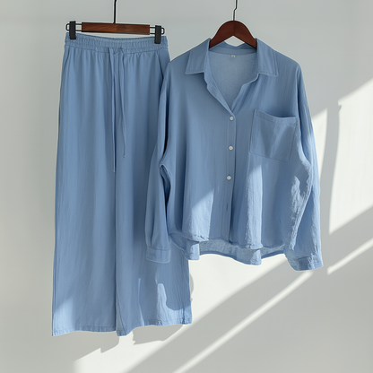 Sets aus Leinen mit langer Bluse und weitem Palazzo-Hosenstil