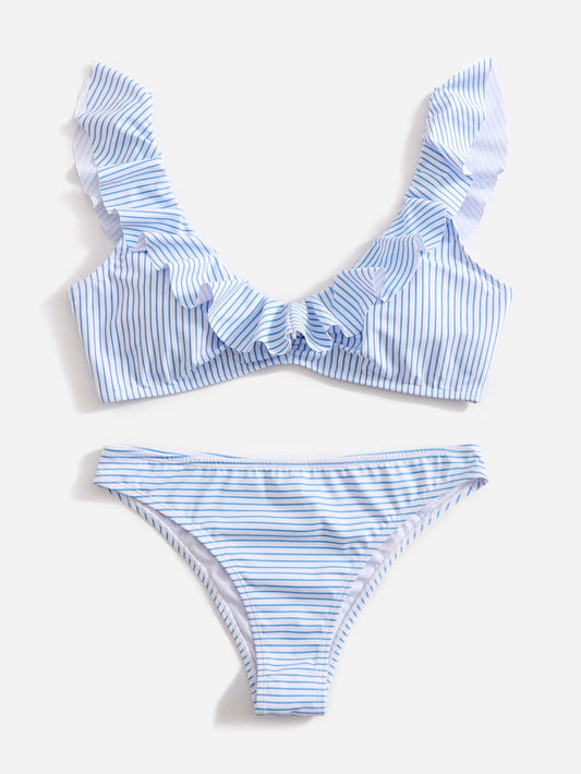 Bademode Bikini Damen mit Rüschen und Streifen in Hellblau