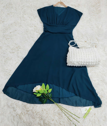 Blaues Midikleid: Kurze Ärmel & Schnürung – Perfekt für Frühling