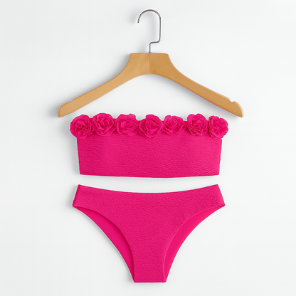 Bademode Bikini Damen mit Rüschen Bandeau Top und High Waist