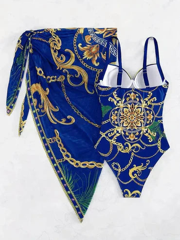 Bademode Einteiler Damen mit Wickeltuch und Kettenmuster Blau