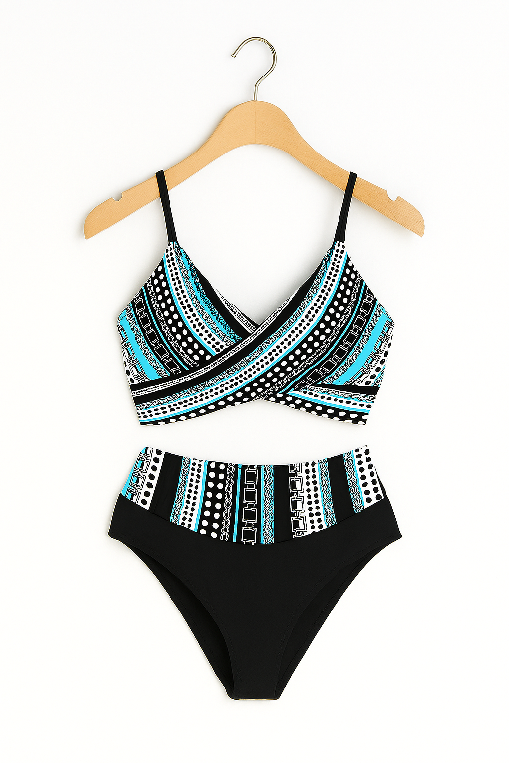 Bademode Damen Bikini Set mit Musterstreifen und hoher Taille