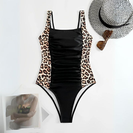 Bademode Einteiler Damen mit Leopardenprint und Raffung