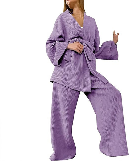 Elegantes Frauen Set: Violett Langarmshirt & Lockere Hose