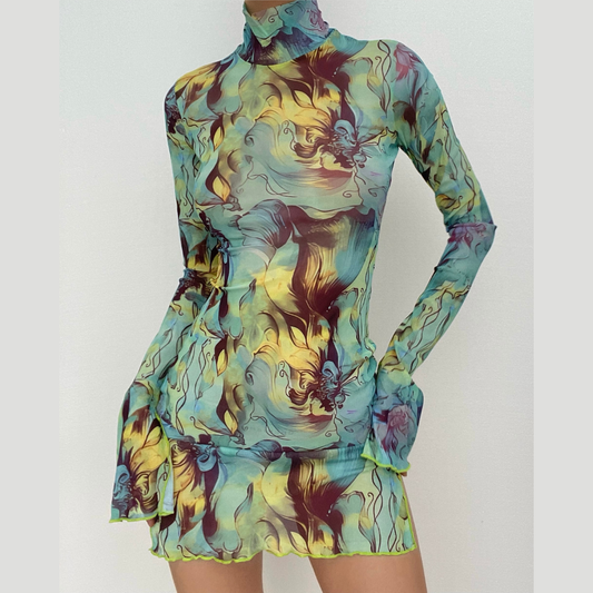 Elegantes Netzstoffkleid mit Rollkragen und Schlitz