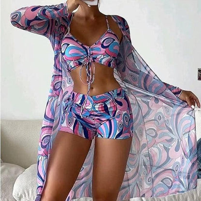 Bademode Set Damen dreiteilig in Lila mit Cover-Up Muster