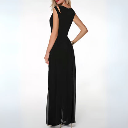 Eleganter ärmelloser Jumpsuit aus Chiffon mit Schlitz in der Schulter und weitem Bein für Damen