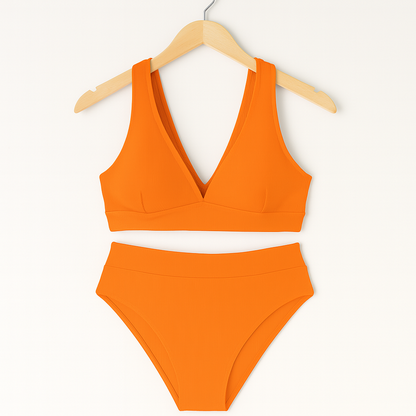 Bademode Damen Bikini Set mit V-Ausschnitt und High Waist Slip