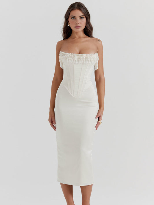 Elegantes Perlen-Midi-Kleid schulterfrei für Frühling & Sommer