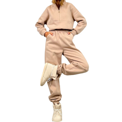 Sets aus zweifarbigem Hoodie und Jogginghose in Khaki mit Kapuze, Reißverschluss und Taschen für Damen