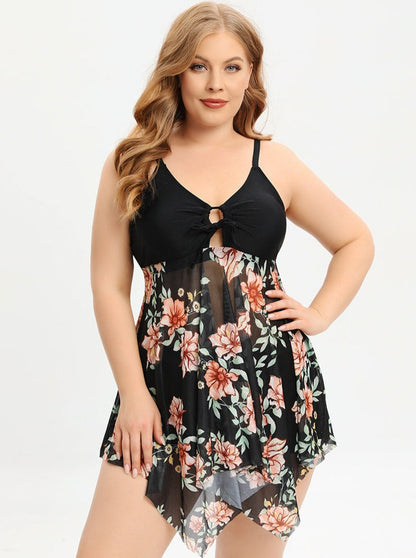 Bademode Kleid Badeanzug mit Blumenmuster und Netz-Optik