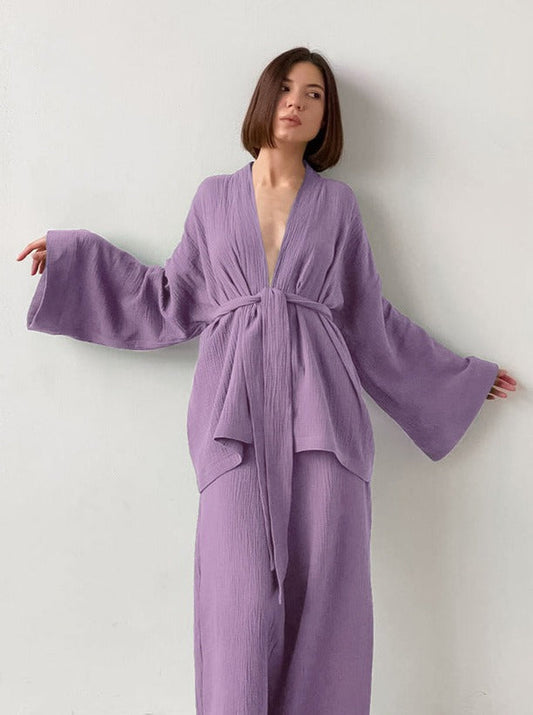 Elegantes Frauen Set: Violett Langarmshirt & Lockere Hose