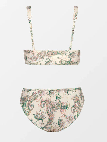 Bademode Damen Bikini Set mit floralen Blättern und Bändern