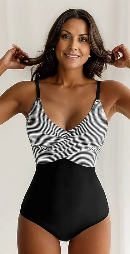 Bademode Damen Badeanzug mit Streifenoptik und Wickeldesign