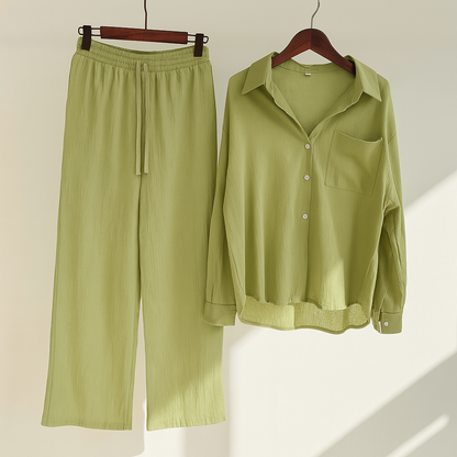 Sets aus Leinen mit langer Bluse und weitem Palazzo-Hosenstil