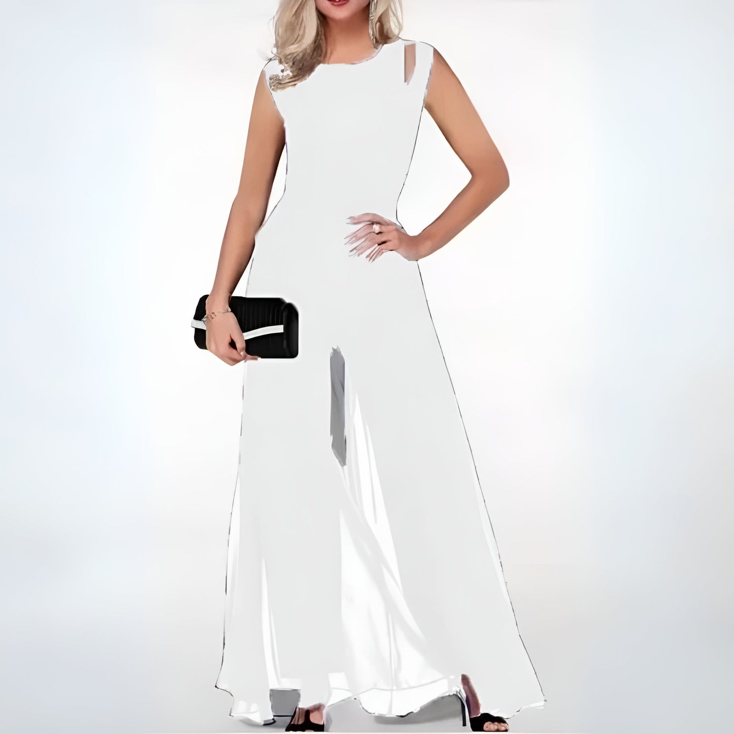 Eleganter ärmelloser Jumpsuit aus Chiffon mit Schlitz in der Schulter und weitem Bein für Damen