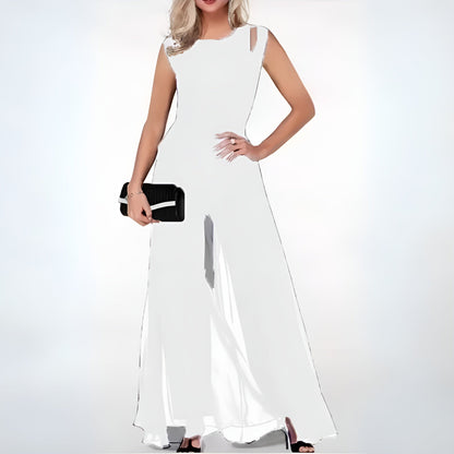 Eleganter ärmelloser Jumpsuit aus Chiffon mit Schlitz in der Schulter und weitem Bein für Damen