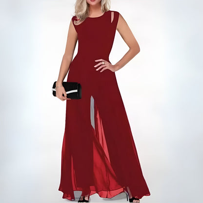 Eleganter ärmelloser Jumpsuit aus Chiffon mit Schlitz in der Schulter und weitem Bein für Damen
